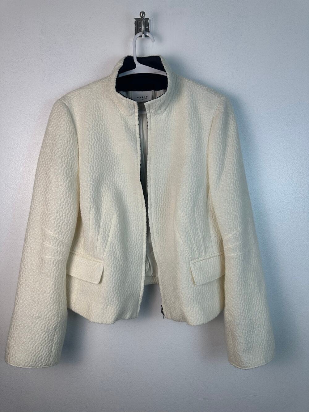 Akris Punto jacket Women's ivory boucle wool blend high stand collar zip Size 12